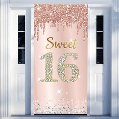 Sweet 16 Birthday Door Banner Backdrop Decorations for Girls, Pink Rose Gold …