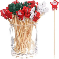 50PCS Christmas Fruit Picks Bamboo Cocktail Sticks Party Decorations