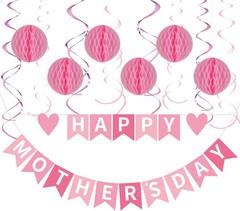 Happy Mothers Day Decorations Set – Pink Mothers Day Banner Sign Decor with 6 Ho