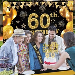 60th Birthday Party Decorations – Black & Gold Banner, Table Cloth, Balloons, Sa
