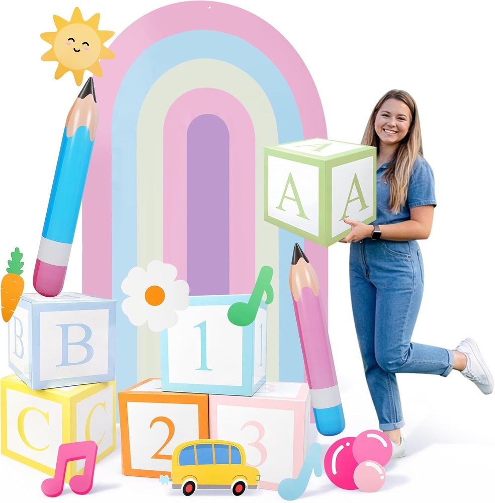 23 Pcs Large English Teacher Party Decor Kit Backdrop, 12 Cutouts, 4 Pencil