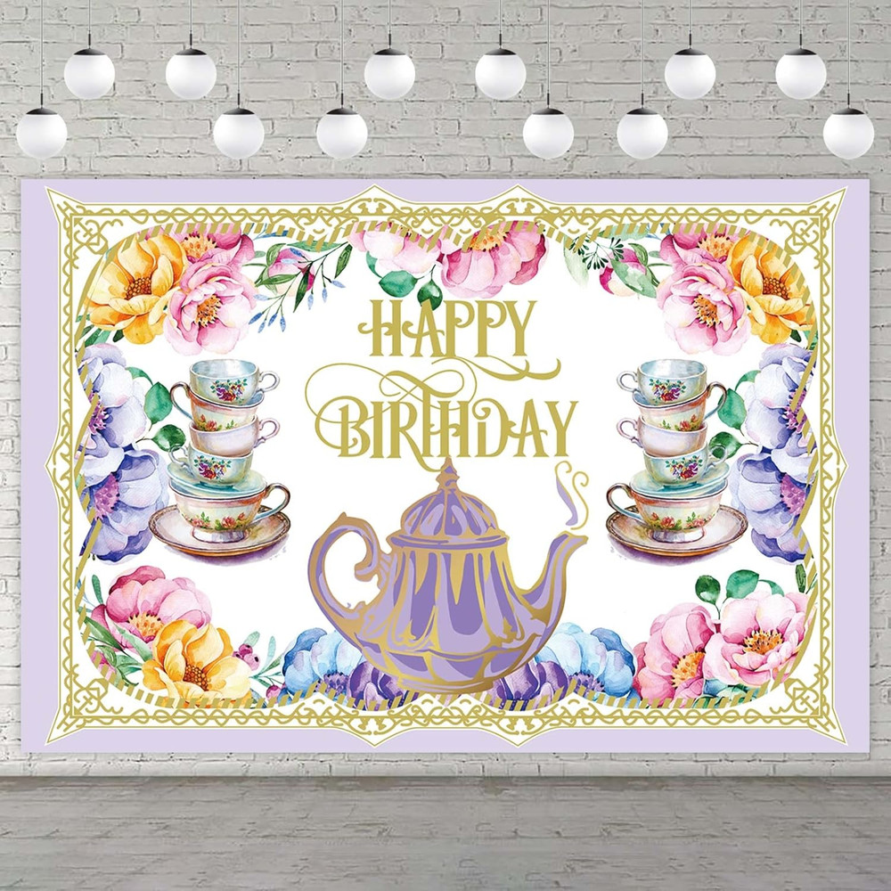 Tea Happy Birthday Banner Backdrop Background Photo Booth Props Floral Teapot Te