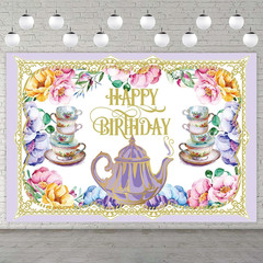Tea Happy Birthday Banner Backdrop Background Photo Booth Props Floral Teapot Te