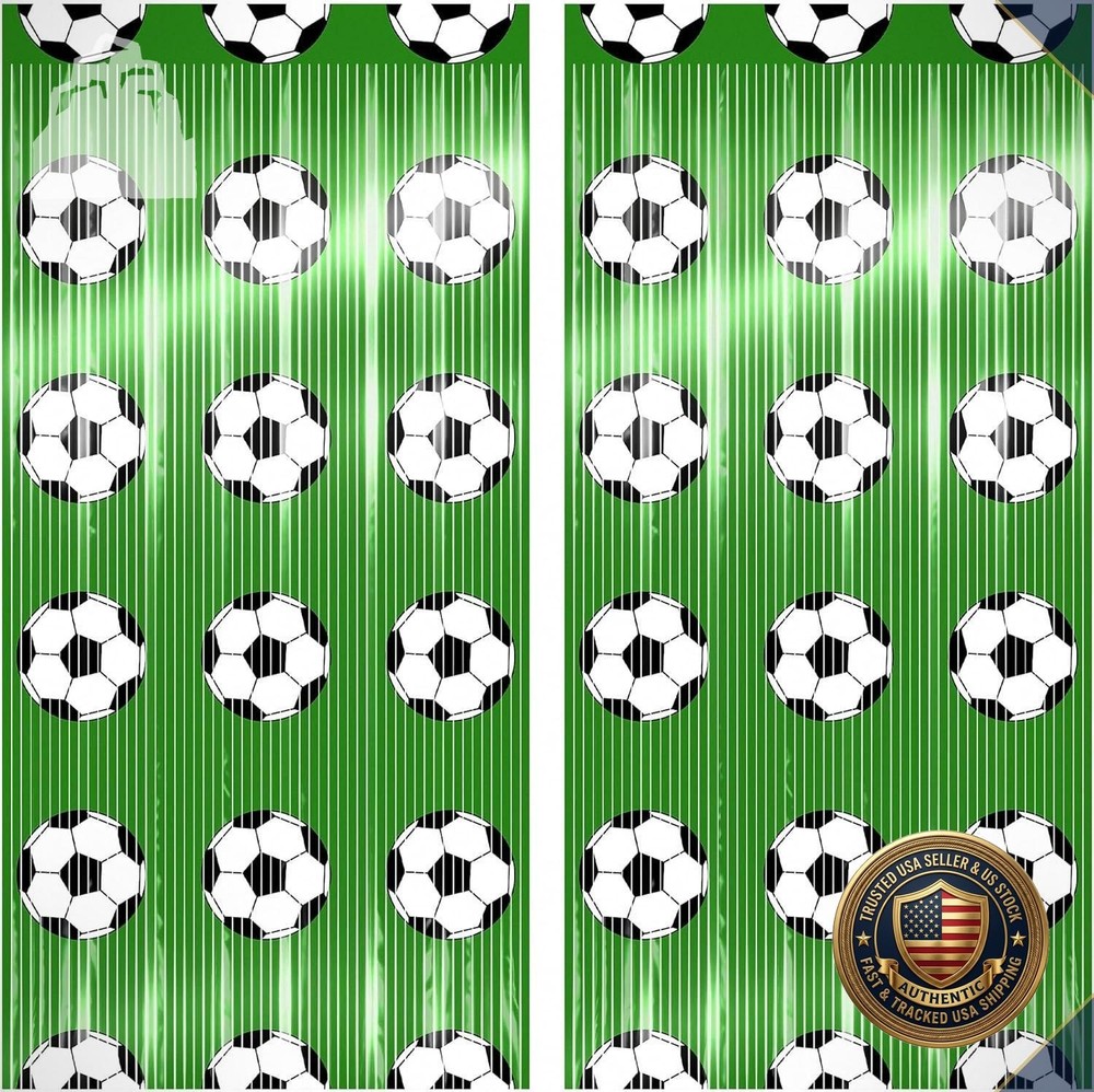 Soccer Party Backdrop 3.3×6.6ft Tinsel Fringe Curtain 2-Pack World Cup 2026