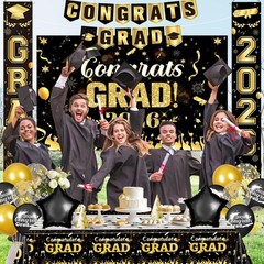2026 Graduation Party Supplies Set – Black Gold Decor, Backdrop, Banner, Balloon