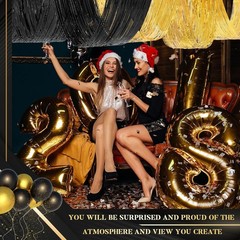 4 Pcs 15ft Gold and Black Metallic Foil Ceiling Fringe Curtains, Graduation