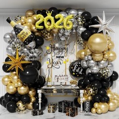 134Pcs Happy New Year Balloon Arch Garland Kit, Black Gold Silver Latex Ballo…