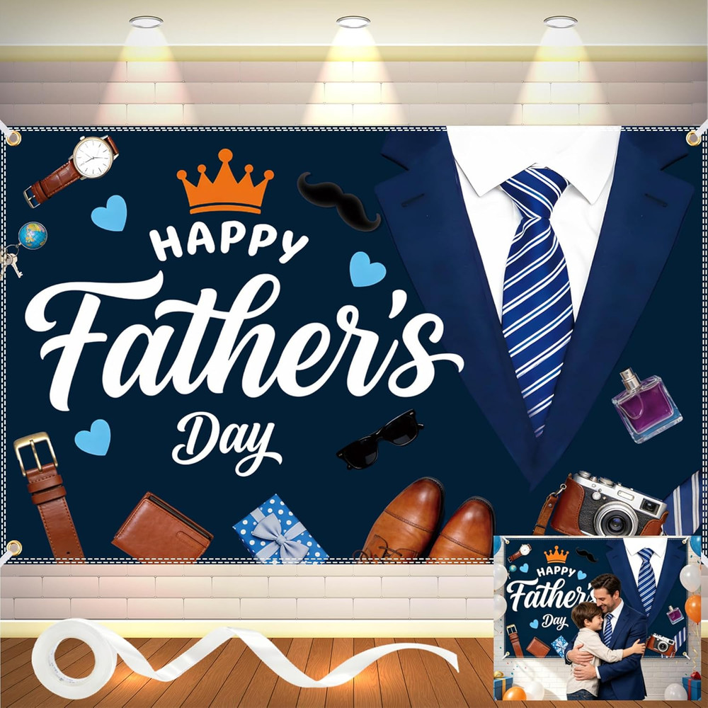 Happy Fathers Day Banner 6X4Ft with 32.8Ft Ribbon & 4 Brass Grommets, Polyester