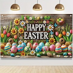 Happy Easter 71×43 Inch Banner for Spring Holiday Decoration Colorful Eggs Fl…
