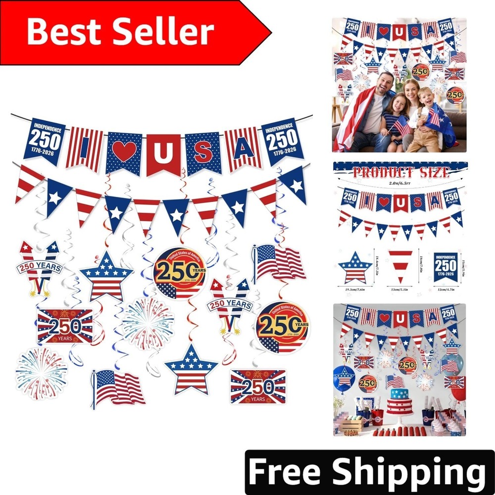 250th Anniversary Decorations Set – Banner, Swirls & Garland for USA Celebrat…