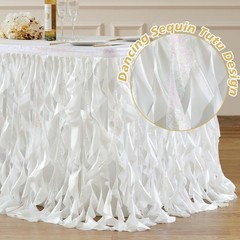 6ft White Sequin Table Skirt for Rectangle Tables Glitter Curly Willow Tutu S…