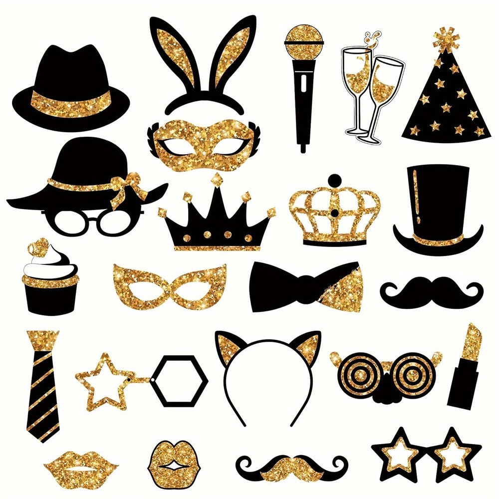 24 Pcs Party Photo Booth Props Party Picture Pose Supplies Gold and Black Kit