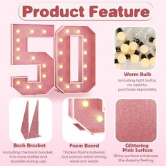 Paready 4FT Marquee 50 Numbers Rose Gold, Light Up Numbers 50 Pink 50th Birthday