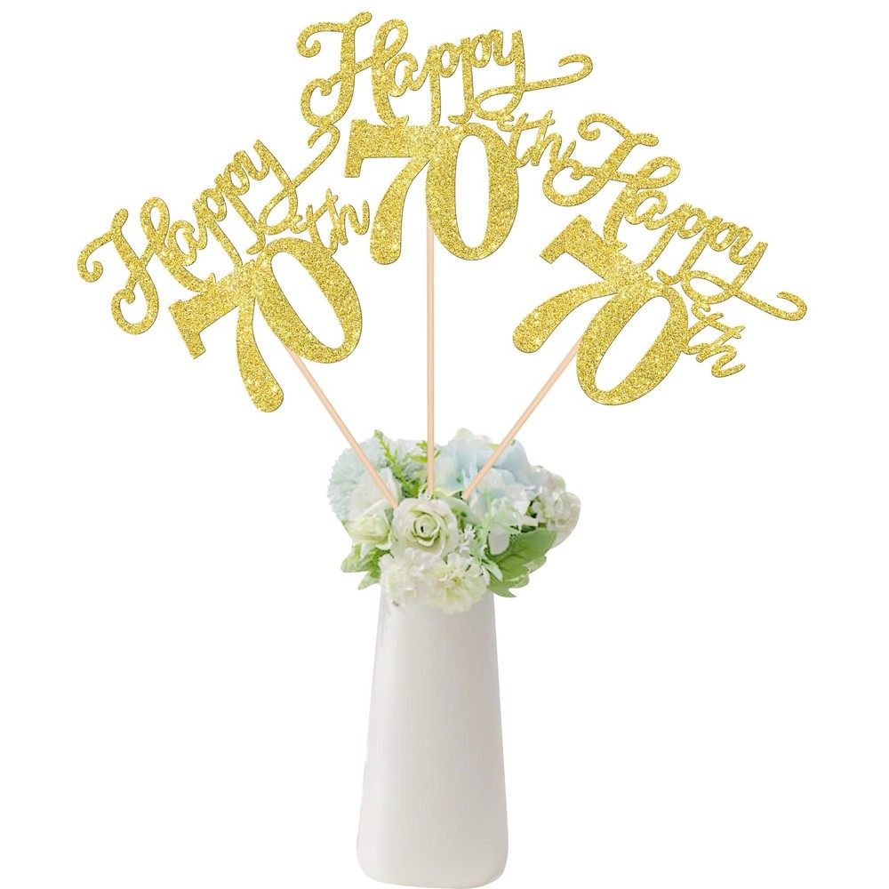 12 PCS Happy 70th Birthday Centerpiece Sticks Double Sided Gold Table Decor