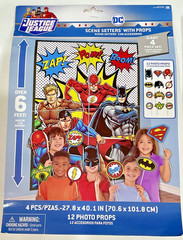 JUSTICE LEAGUE SUPERHERO PARTY KIT ~ Scene Setter Backdrop + 12 Photo Props NEW