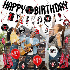 Rock and Roll Birthday Party Decorations – Happy Birthday Banner, Hanging Swirls