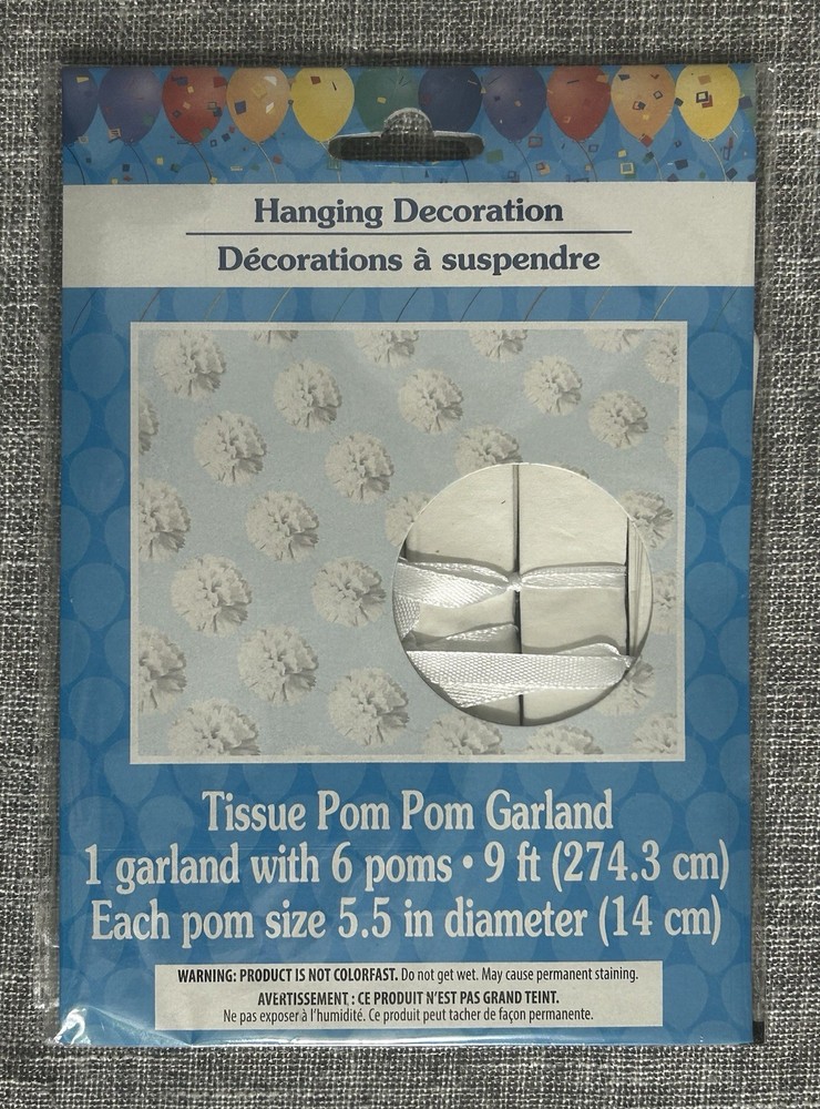 Celebration White Tissue Pom Pom Garland Six 5.5” Pom Poms/9 ft,