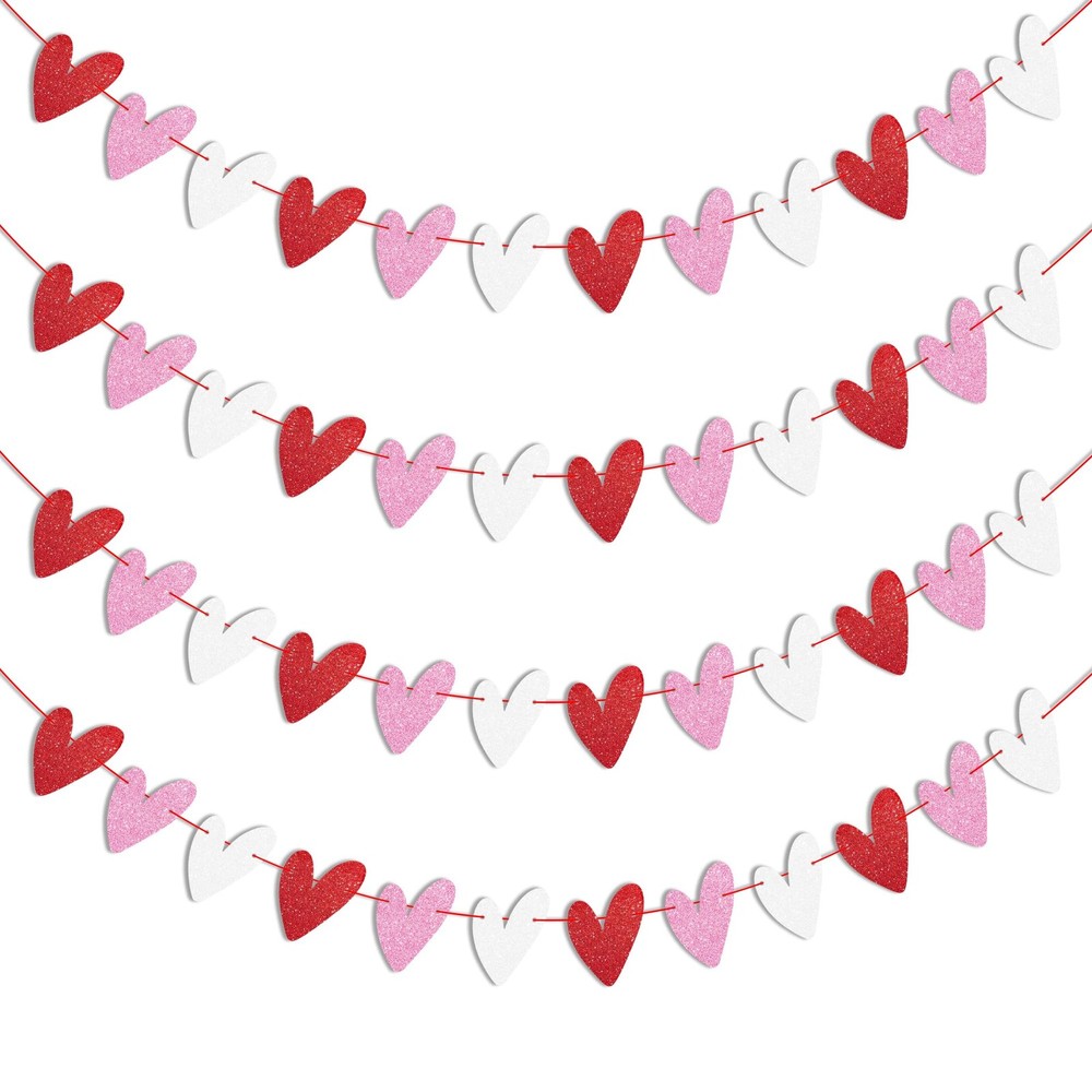 4 Pack Glitter Heart Garland Banner, NO DIY, Valentine’s Day Decorations, Red Pi