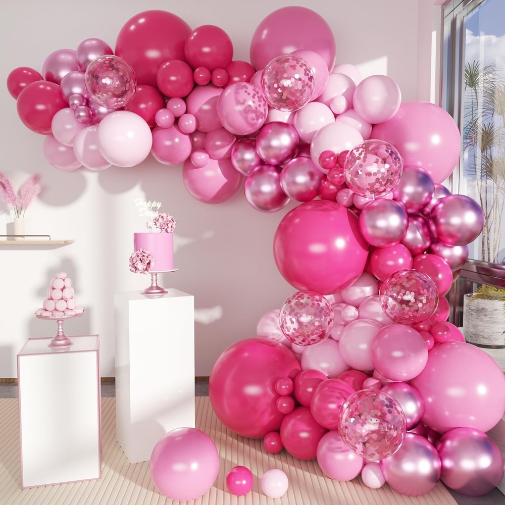 Pink Balloon Arch Kit, 146 PCS Hot Pink Light Pastel Pink Metallic Balloons G…