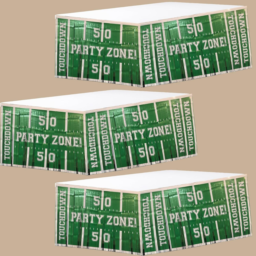 3 Pack Football Party Zone Metallic Fringe Table Skirt, Green and White, 50 Yard