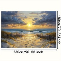 1pc Beach Sunset Scene Backdrop Banner -Wooden Fence & Sandy Path Coastal Decor☋