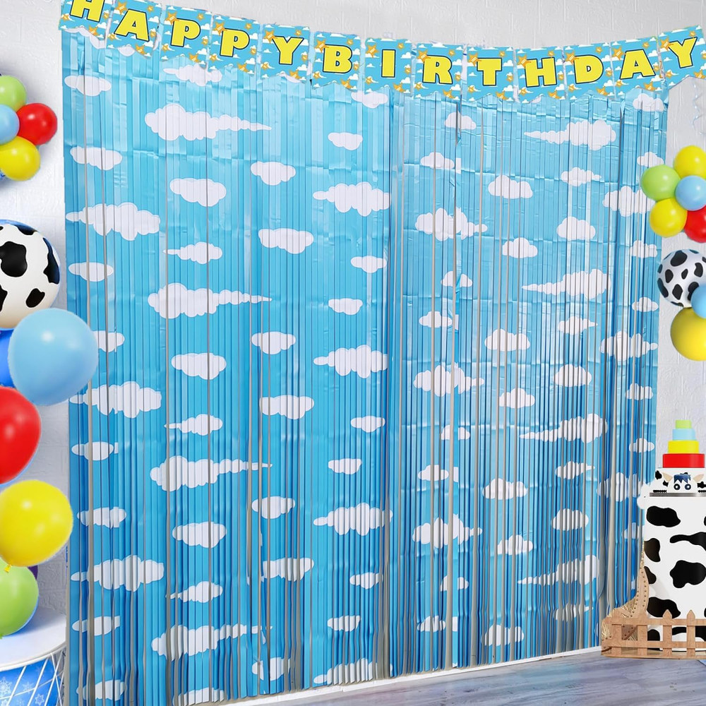 Blue Sky White Clouds Birthday Party Supplies Cartoon Story Blue Tinsel Foil Fri