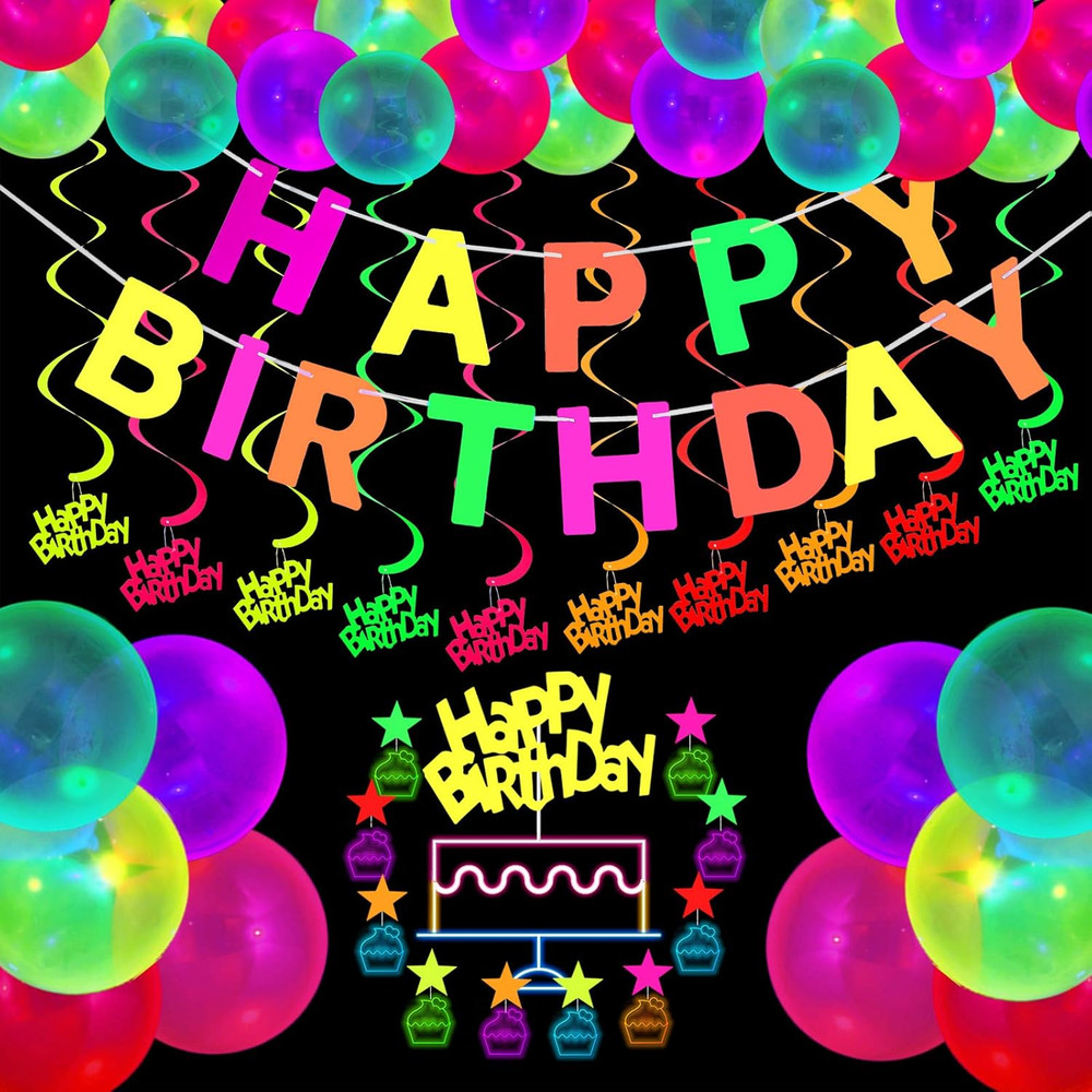 Glow Neon Party Supplies Set Glow in the Dark Happy Birthday Banner with UV Blac