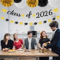 8pcs Black-White Gold Party-Decorations Graduation Banner, Class of 2026 Cap Gar