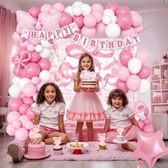 Pink Birthday Party Decorations for women, Backdrop,Pink Bow Balloons Arch,Gl…