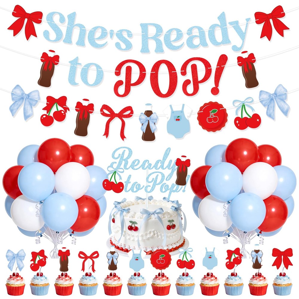 Cherry and Bow Baby Shower Decorations,She’s Ready to Pop Banner Red and Blue…