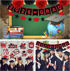Red and Black Graduation Decorations 2026, 2026 Grad Banner and Congrats Grad Ha