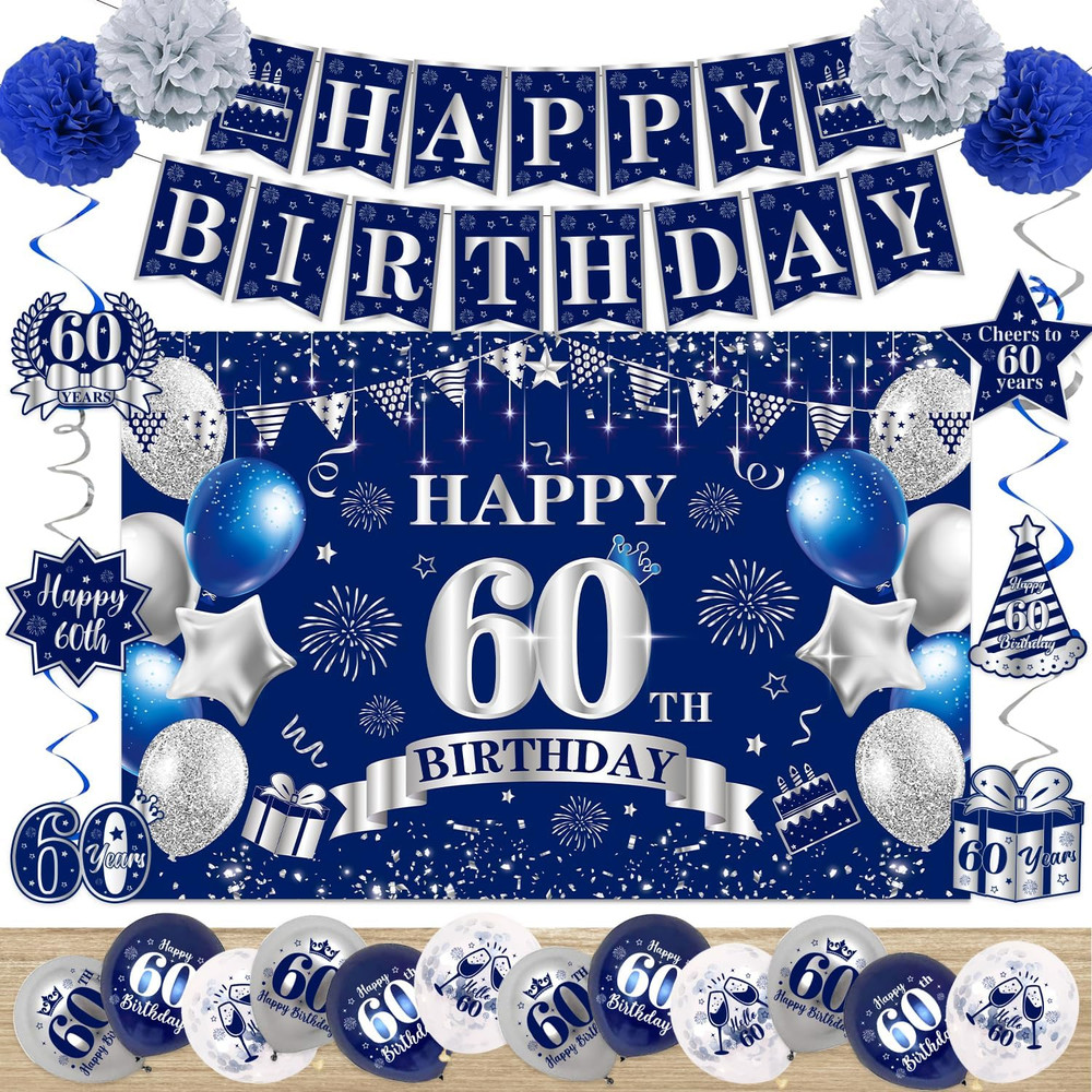 60Th Birthday Decorations for Men Women, Blue Silver Happy 60Th Birthday Banner
