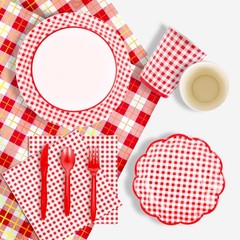 Disposable Gingham Party Supplies, 25 Pcs Plates Cups Spoons, Red