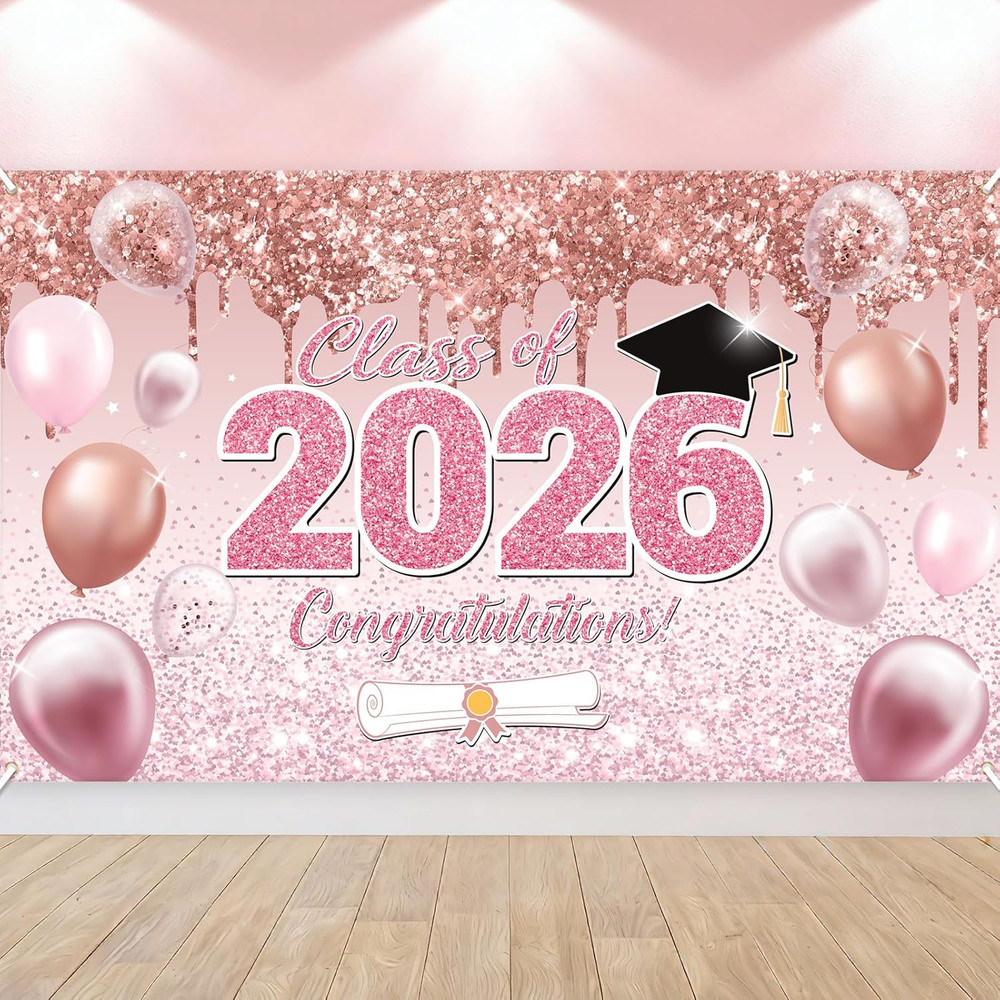 Graduation Banner 2026 Rose Gold – 72 X 44 Inch, Congrats Grad Banner for Party
