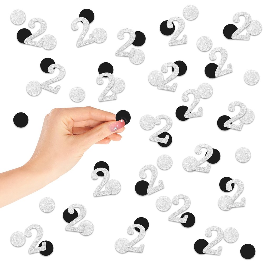 200 PCS Number 2 Confetti 2nd Birthday Table Black Silver Dots Party Decor