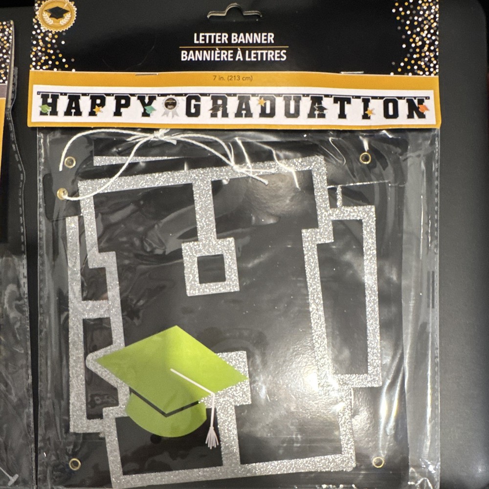 Graduation Party Letter Banner & Swirl Decorations Set, Black Gold Silver Green