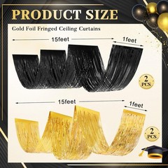 4 Pcs 15ft Gold and Black Metallic Foil Ceiling Fringe Curtains, Graduation