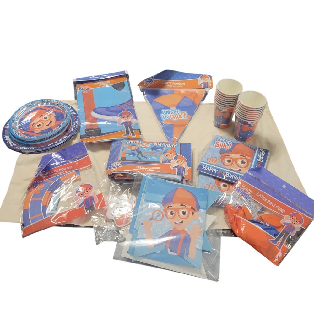 Blippi BIrthday Party Decorations Supplies Plates Napkins Back Drop And More