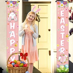 Happy Easter Decorations Colorful Flowers Eggs Bunny Pink Porch Sign Door Banner