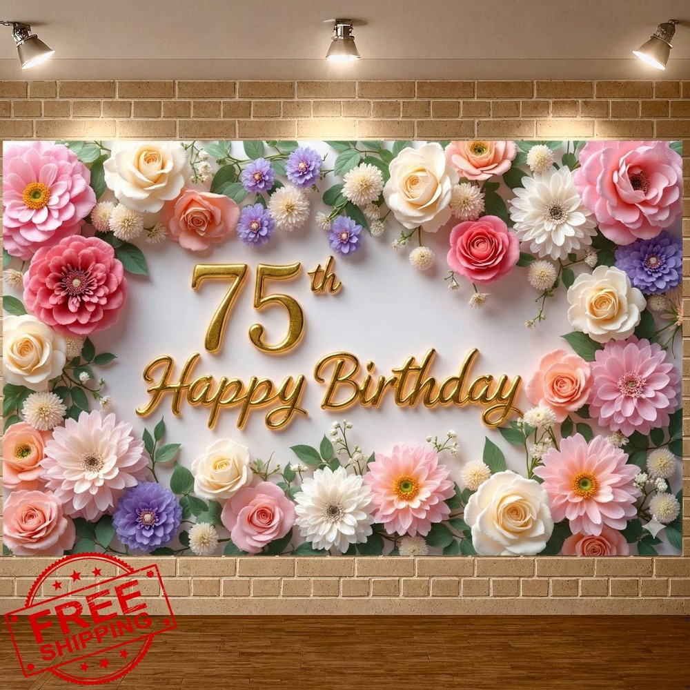 Flower 75th Birthday Banner Decorations for Women Pink Roses Floral Happy 75t…