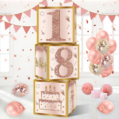 3Pcs 18th Birthday Decorations Boxes for Girls Women, Pink Rose Gold 18th Birthd