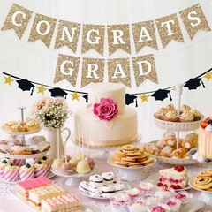 Congrats Grad Banner Graduation Party Decorations Class of 2025 Red Glitter blue