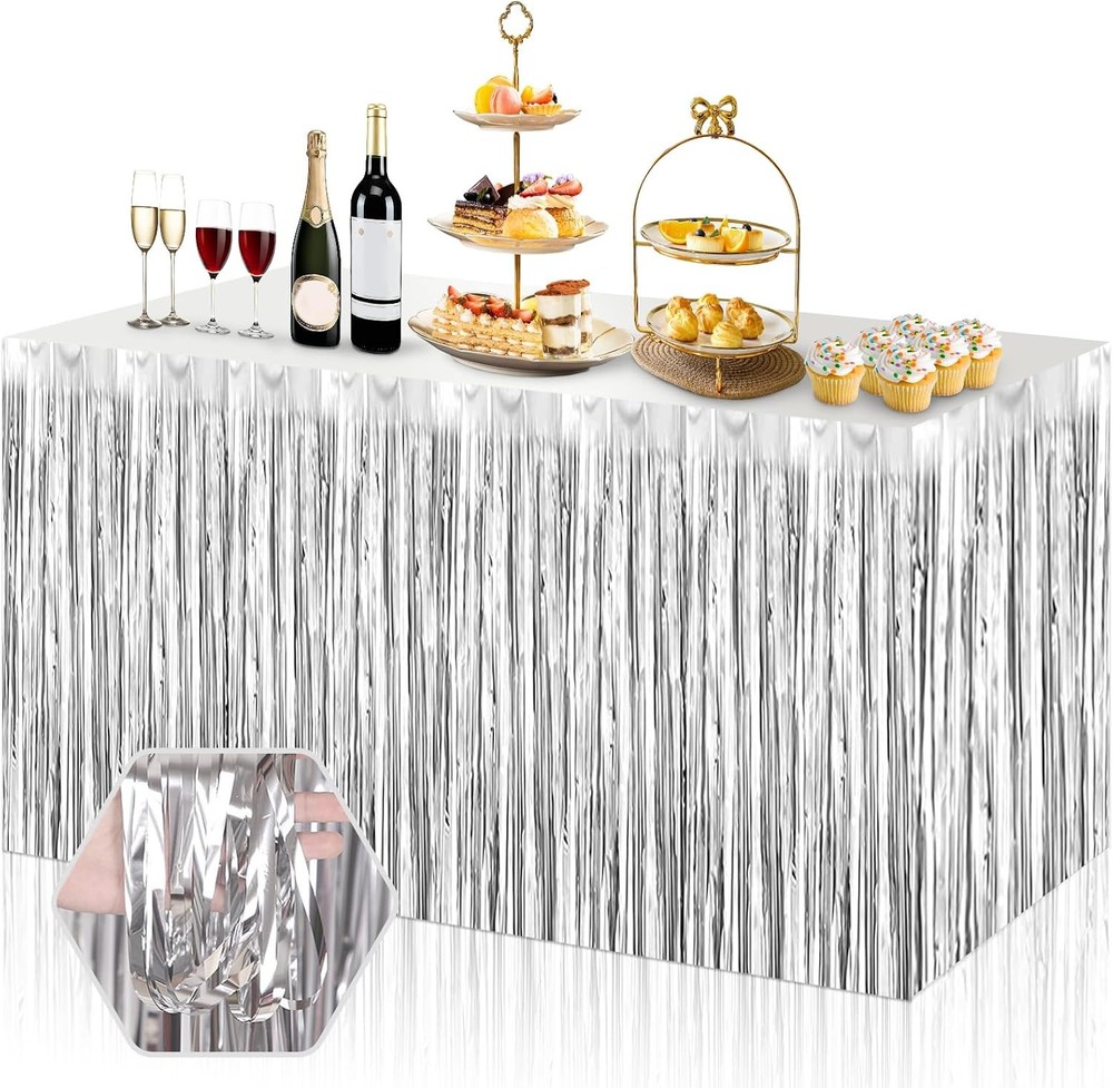 3 Pack 29×108 Inch Silver Foil Fringe Table Skirts Metallic Banner for Tinsel