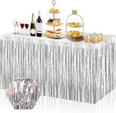 3 Pack 29×108 Inch Silver Foil Fringe Table Skirts Metallic Banner for Tinsel
