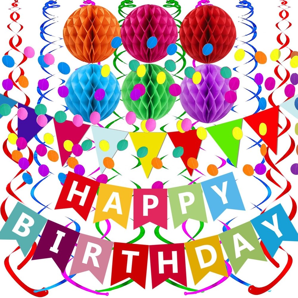 Happy Birthday Party Decoration Set Colorful Banner Honeycomb Balls Swirls