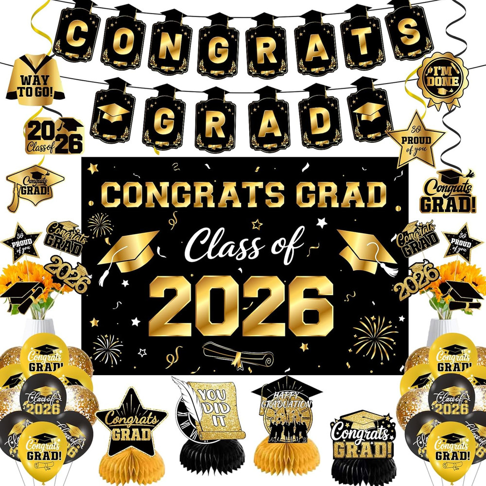 50Pcs Class of 2026 Graduation Decorations Set, Black Gold Graduation Party Kit