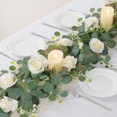 2Pcs(13 Ft) Artificial Eucalyptus Flower Garland with White Rose Flowers,Faux