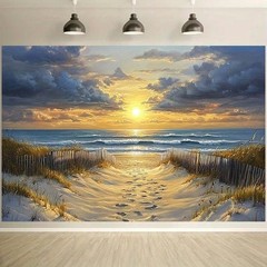 1pc Beach Sunset Scene Backdrop Banner -Wooden Fence & Sandy Path Coastal Decor☋