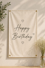 Customizable Linen Birthday Banner, Minimalist Party Backdrop, Reusable Decor