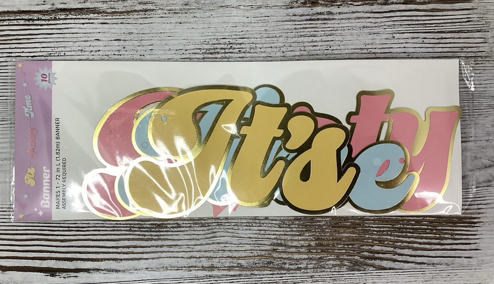 It’s Party Time String Banner Retro Font 72” Pink Blue Yellow Trimmed In Gold